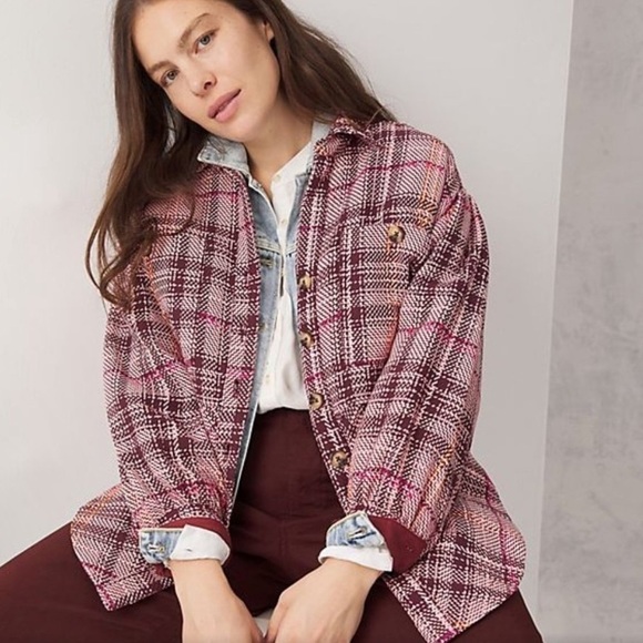 Anthropologie Tops - Anthropologie Hudson Plaid Shirt Jacket Shacket in Pink Maroon Sz XS NWOT